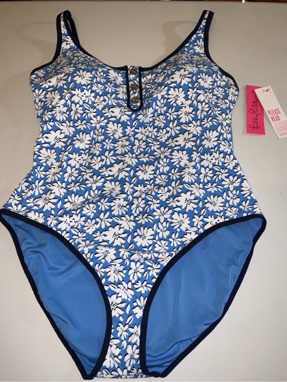 Lilly Pulitzer Blue Floral Scoop One-Piece Swimsuit with Navy Trim - Picture 5 of 5